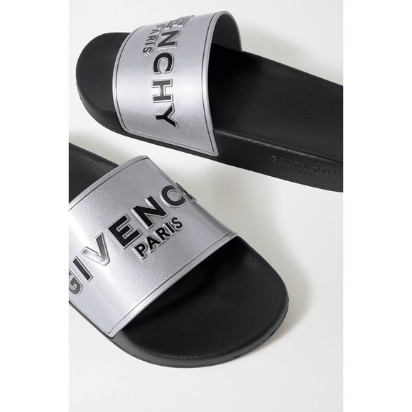 Givenchy Silver Rubber Black Logo Print Slide On Pool Sandal Flip Flop Flat 38 - Picture 4 of 12